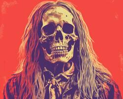 a skull with long hair on a red background generative ai photo