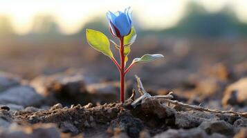 un pequeño azul flor es creciente fuera de el suelo generativo ai foto