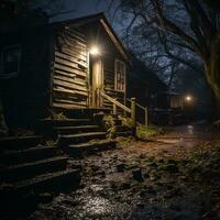 a small cabin in the woods at night generative ai photo