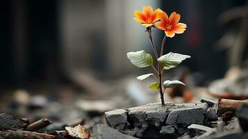 un pequeño naranja flor es creciente fuera de un grieta en el suelo generativo ai foto