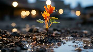 a small orange flower is growing out of the ground generative ai photo