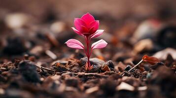 a small pink flower is growing out of the ground generative ai photo