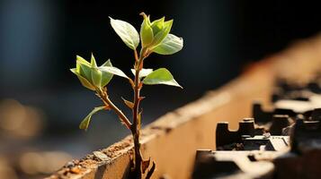 a small plant growing out of the side of a building generative ai photo