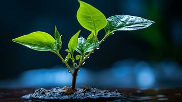 a small plant growing out of the ground with water droplets on it generative ai photo