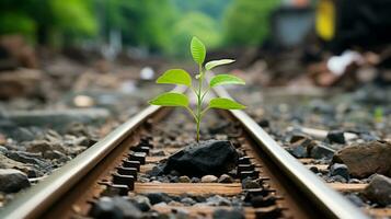 a small plant is growing on a railroad track generative ai photo