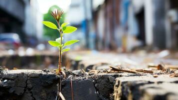 a small plant is growing out of a crack in the ground generative ai photo