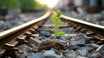 a small plant is growing on the side of a railroad track generative ai photo