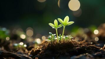 un pequeño planta brotante desde el suelo en el oscuro generativo ai foto