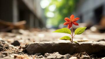 a small red flower is growing out of a crack in the ground generative ai photo