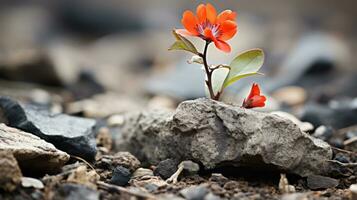 un pequeño rojo flor es creciente fuera de un rock generativo ai foto