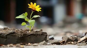 un pequeño amarillo flor es creciente fuera de un agujero en el suelo generativo ai foto
