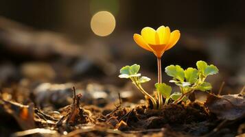 a small yellow flower is growing out of the ground generative ai photo