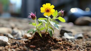 a small yellow flower is growing out of the ground generative ai photo