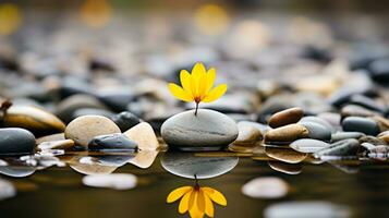 un pequeño amarillo flor es sentado en un rock en el agua generativo ai foto