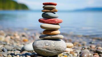 un apilar de rocas sentado en parte superior de un Guijarro playa generativo ai foto