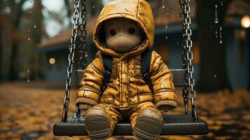 a teddy bear sitting on a swing in the rain generative ai photo