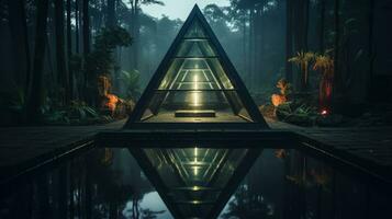 a triangle shaped building in the middle of a forest generative ai photo