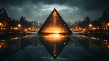 a triangle shaped building with a fountain in front of it at night generative ai photo