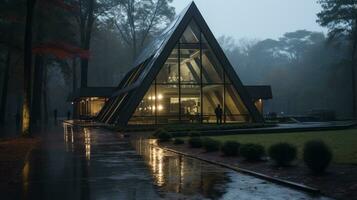 a triangle shaped house sits in the middle of a park in the rain generative ai photo