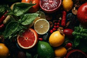 a variety of fruits and vegetables are arranged on a table generative ai photo