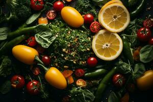 a variety of vegetables are arranged on a black background generative ai photo