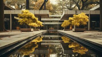 a walkway with trees and water in the middle of a courtyard generative ai photo