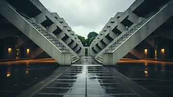 a walkway in a building with concrete steps generative ai photo