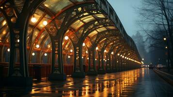 a walkway lined with lights generative ai photo