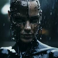 a woman covered in rain is standing in the rain generative ai photo