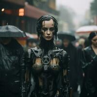 a woman dressed as a robot in the rain generative ai photo