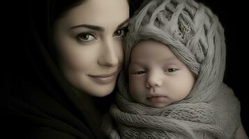 un mujer participación un bebé con un bufanda en su cabeza generativo ai foto