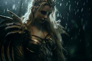 a woman dressed in gold armor standing in the rain generative ai photo