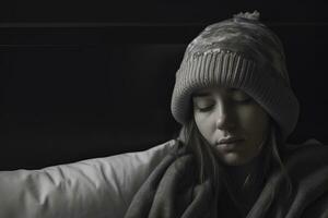 a woman in a beanie is sleeping on a bed generative ai photo