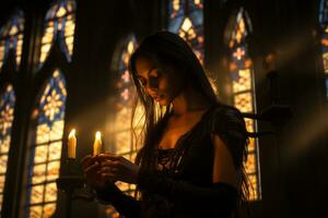 a woman holding a lit candle in front of stained glass windows generative ai photo