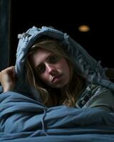 a woman in a bed with a blanket over her head generative ai photo