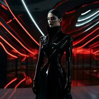 a woman in a black and red dress standing in front of neon lights generative ai photo