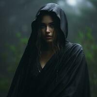 un mujer en un negro capa en pie en el lluvia generativo ai foto