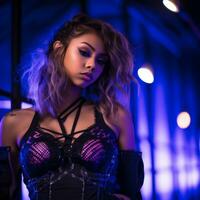 a woman in a black bra top and black underwear posing in front of a blue light generative ai photo