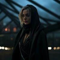 a woman in a black cloak standing in front of a building generative ai photo