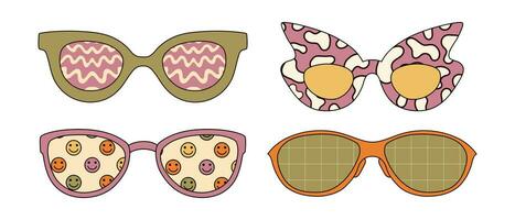 Set of groovy sunglasses with psychedelic prints and vintage colors. Vector graphics isolated on white background.