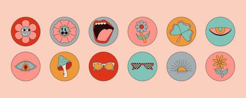 Groovy circle sticker collection with colorful elements. Mushrooms, flower, lips, eyes, sunglasses and more. Retro vector graphics