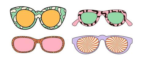 Set of groovy sunglasses with vintage patterns and trippy colors. Vector graphics isolated on white background.