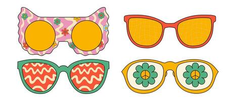 Trippy sunglasses with vintage prints and groovy colors. Vector illustrations isolated on white background.