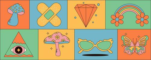 Collection of psychedelic groovy elements. Mushrooms, butterfly, eyes , sunglasses and more. Retro vector illustrations