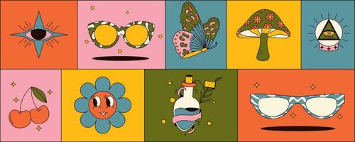 Set of retro groovy stickers with vintage colors. Mushrooms, butterfly, cherry, eyes , sunglasses and more. 70s-inspired vector graphics