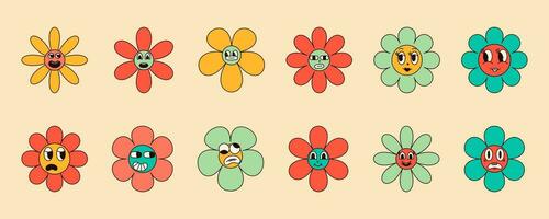 Set of 70s groovy daisy flowers with funny faces in Hippie retro style. Vector illustration