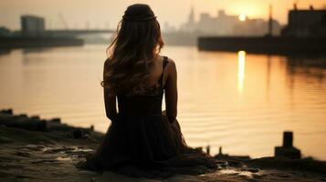 a woman in a black dress sitting by the water at sunset generative ai photo