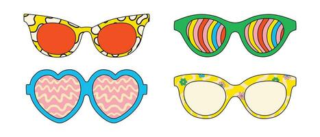 Retro sunglasses with trippy designs. 70s-inspired vector graphics.