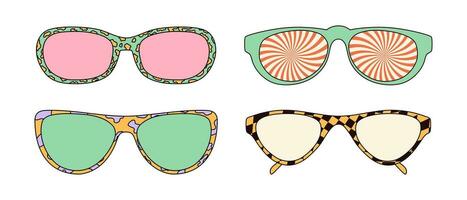 Trippy sunglasses with groovy prints and vintage colors. Vector illustrations isolated on white background.