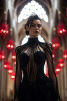 a woman in a black dress standing in a church generative ai photo